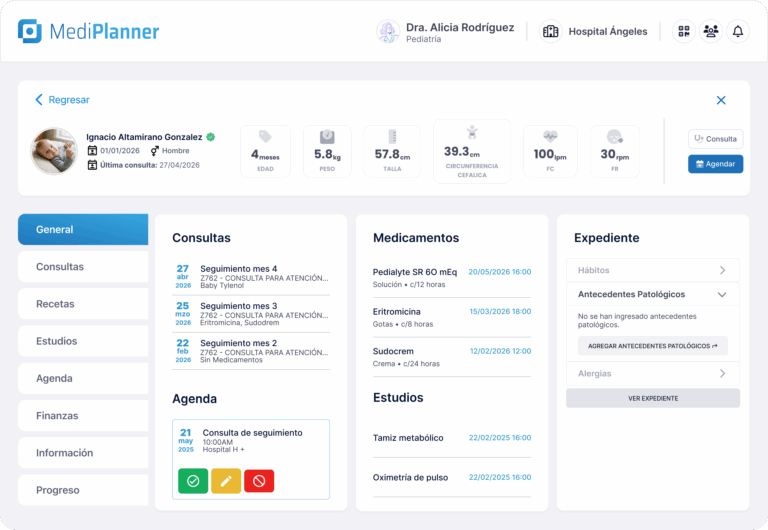 Panel de expediente clínico de MediPlanner
